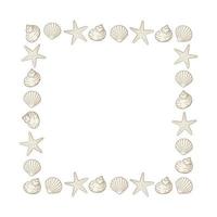 Square seashells frame. Sea and ocean design vertical template. Vector illustration summer or beach party advertising design