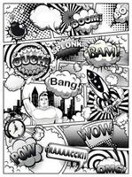 negro y blanco cómic libro página dividido por líneas con habla burbujas, cohete, superhéroe mano y sonidos efecto. vector ilustración