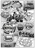 Black and white comic book page divided by lines with speech bubbles, rocket, superhero hand and sounds effect. Vector illustration