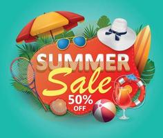 Summer sale vector banner design for promotion with palm leaves and colorful beach elements