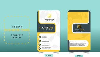 Business card print template with company logo. Black and yellow colors. Clean flat design.  Vector illustration. Business card mockup with rounded corners on grey blurred background unique concept.