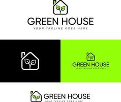 prefabricado casa con verde hoja logo diseño plantillas para real inmuebles y agentes inmobiliarios vector