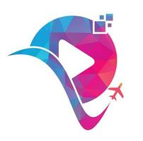 Airplane play button logo design. Airplane and record symbol or icon. Travel media logo design vector. vector