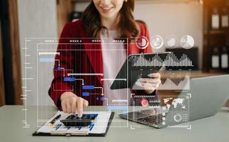 Businesswoman hand Project manager working and update tasks and Gantt chart scheduling virtual diagram.with smart phone, tablet and laptop photo