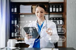 health care business graph data and growth, Medical examination and doctor analyzing medical report network connection on tablet screen. photo