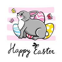 Happy Easter banner. Trendy Easter design with cute rabbits and eggs, vector illustration