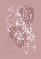 Women faces in one line style vector illustration. Template for postcards, clothes print and more.