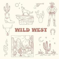 salvaje Oeste dibujos animados iconos Desierto paisaje con montañas y cactus, coyote, vaquero. retro vector