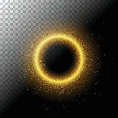 Vector illustration of bright fire magic portal with sparks, glowing lights in shape of radiant sparkling circle on black, transparent background. Round frame template with glitters. Luminous effect