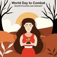 illustration vector graphic of a woman holding soil and plants, showing arid land in the background, perfect for international day, world day to combat, desertification and drought, celebrate.