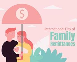 illustration vector graphic of a husband and wife and their baby, taking cover under a dollar sign umbrella, perfect for international day, family remittances, celebrate, greeting card, etc