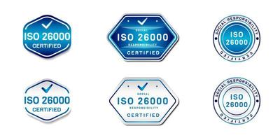 ISO 26000 Certified Label Stamp. Guidance on social responsibility sign. With check icon. On gradient blue and white color. Premium and luxury emblem vector template