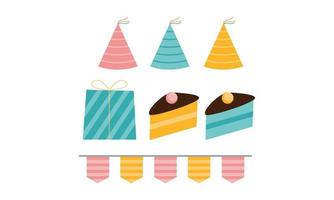Set of birthday party design elements. Colorful balloons, flags, cupcakes, gifts box. Vector illustration