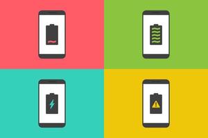 Smartphone battery notification vector icon sign symbol, smartphone and battery low, full, charge, damaged