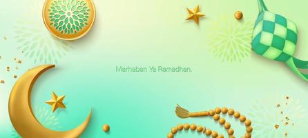 3d modern Islamic holiday banner, suitable for Ramadan, Eid Fitri, Eid Adha and Maulid. Moon and ketupat with islamic decor on soft green background. vector