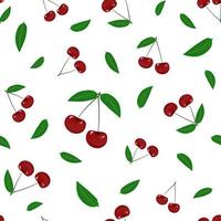 Vector seamless pattern with delicious red cherry berries and leaves on a white background. Healthy food print