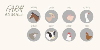 Heads of farm animals, cow, pig, horse, sheep. goat, chicken, goose, poultry, sketch style set with animals, realistic animals set for educational purpuse. vector