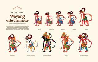 Isolated Set of Indonesian wayang male character flat design illustration vector