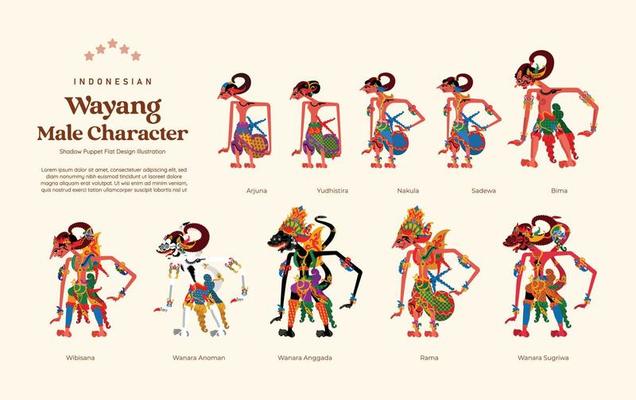 Isolated Set of Indonesian wayang male character flat design illustration