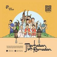 Poster idea for ramadan with moslem people handdrawn illustration vector