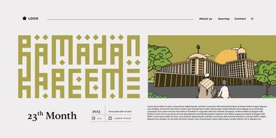 Landing page UI design with indonesian mosque and lettering Ramadan Kareem for corporate website idea template vector