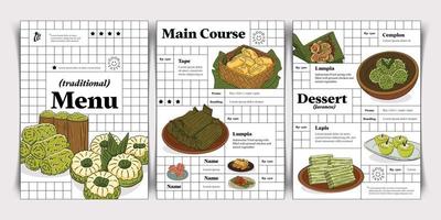 Restaurant Menu layout idea with Indonesian traditional culinary hand drawn illustration vector