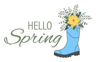 Cute bouquet in blue rubber boots. Gardening boot with flowers. Spring Concept vector