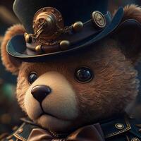 Teddy bear wearing a hat and dressed in a steampunk outfit. Steampunk. Generative AI photo