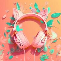 gato oído rosado auriculares. generativo ai foto