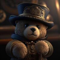 Teddy bear wearing a hat and dressed in a steampunk outfit. Steampunk. photo