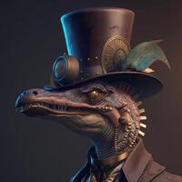 Dinosaur wearing a hat and dressed in a steampunk outfit. Steampunk. photo