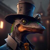 Dinosaur wearing a hat and dressed in a steampunk outfit. Steampunk. photo