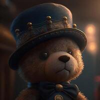 Teddy bear wearing a hat and dressed in a steampunk outfit. Steampunk. Generative AI photo
