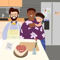 Father's day greeting card template. ready-to-print postcard layout. Portrait Of Loving Male Same Sex Couple Cuddling Baby son On kitchen Together. Banner layout. vector