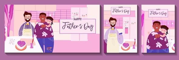 Father's day greeting card template. ready-to-print postcard layout. Portrait Of Loving Male Same Sex Couple Cuddling Baby son On kitchen Together. Banner layout. vector