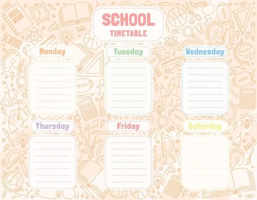 School timetable drawn by hand with school objects