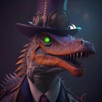 Dinosaur wearing a hat and dressed in a steampunk outfit. Steampunk. photo