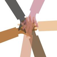 People's hands. Group the different arms and hands in a circle on top of each other. Teamwork, community, common idea, victory. Mixed race, racial equality, different nationalities. vector