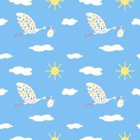 Seamless repeat pattern with a flying stork carrying a baby. Continuous background. Baby birth, baby shower. Vector