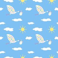 Seamless repeat pattern with a flying stork carrying a baby. Continuous background. Baby birth, baby shower. Vector