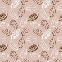 Seamless pattern with cocoa fruits and cocoa plant on a beige background. A lot of cocoa, repeating background, ornament. Hand-drawn. Vector illustration