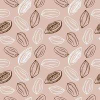 Seamless pattern with cocoa fruits and cocoa plant on a beige background. A lot of cocoa, repeating background, ornament. Hand-drawn. Vector illustration