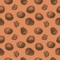 Seamless repeating pattern with walnut kernels and fruits on a brown background. Multicolored background with nuts. Vector