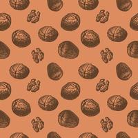 Seamless repeating pattern with walnut kernels and fruits on a brown background. Multicolored background with nuts. Vector