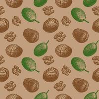 Seamless repeating pattern with walnut kernels and fruits on a beige background. Multicolored background with nuts. Vector
