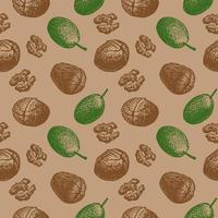 Seamless repeating pattern with walnut kernels and fruits on a beige background. Multicolored background with nuts. Vector