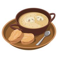 Mushroom soup-puree.Beautiful serving on a tray with bread. Vector illustration on a white background