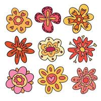 Vibrant groovy retro flowers set. Collection of colorful retro decorative flowers 1970 vector