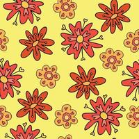 Vintage seamless pattern with retro decorative flowers on yellow background. Pattern with primitive colorful retro vintage flowers 1970 vector