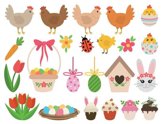 Big set of cute Easter elements. Cartoon easter elements. Easter decoration set.